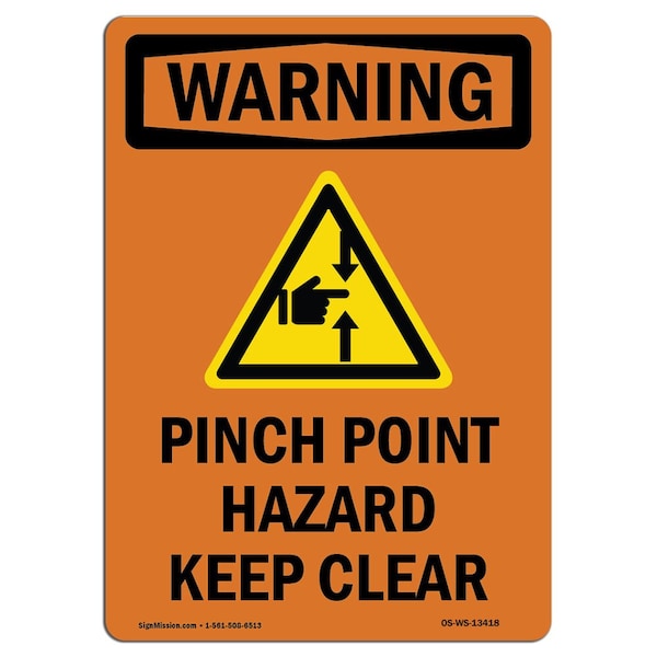 OSHA WARNING Sign, Pinch Point Hazard W/ Symbol, 14in X 10in Aluminum, 10" W, 14" L, Portrait